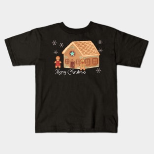 Merry Christmas with gingerbread house, man snowflakes Kids T-Shirt